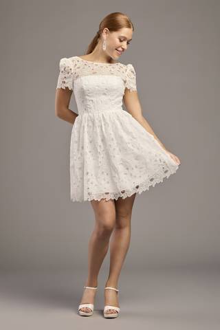 View DB Studio Short Sleeve Lace Mini with Illusion Neckline in all available color and sizes Picture of Short Sleeve Lace Mini with Illusion Neckline